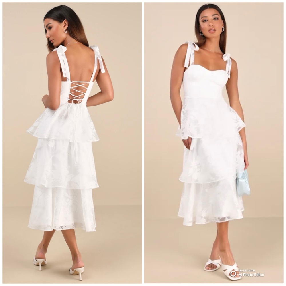 Lulu's White Tiered Jacquard Midi Dress with Tie Straps